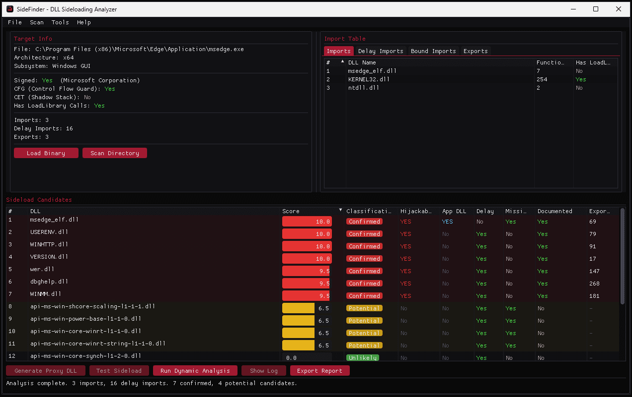 SideFinder — A Windows application that identifies and validates DLL sideloading opportunities in PE files and generates test, sideload or proxy DLLs.